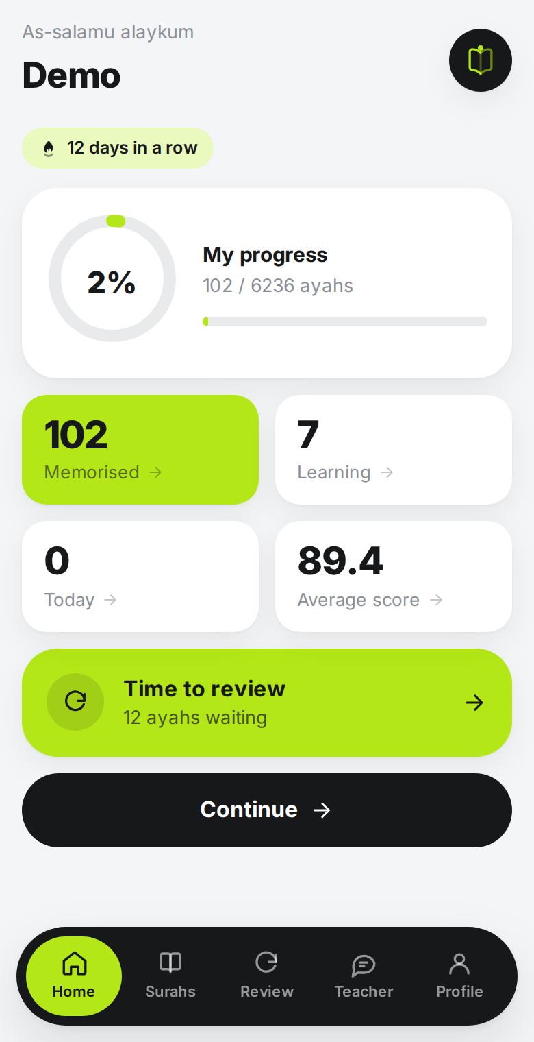 Hifza home screen — progress and statistics