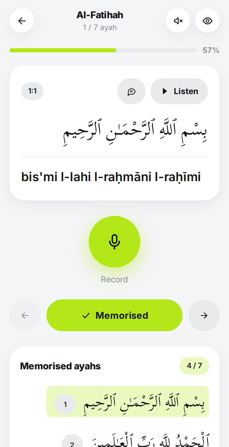 Reading a surah in the Hifza app