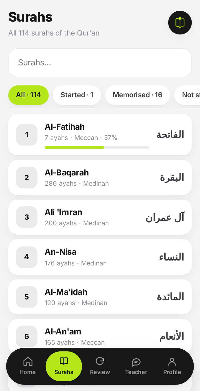Hifza surah list — percentage memorised for each